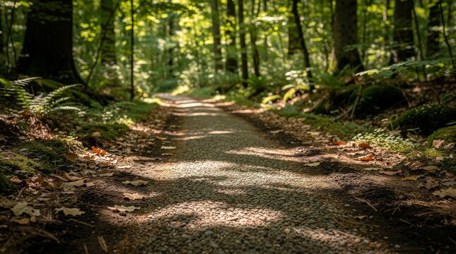 Sunlit Forest Path Bathed in Dappled Sunlight