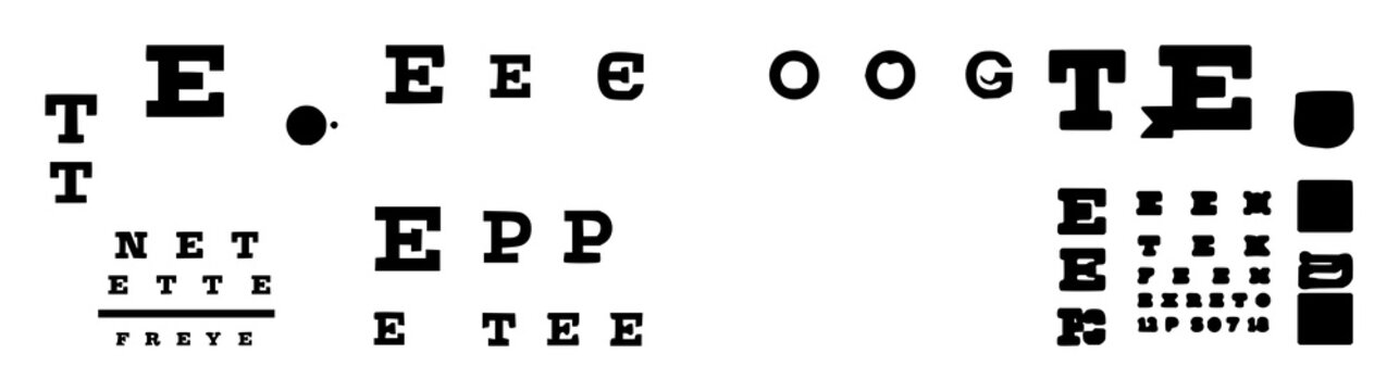 Eye exam chart icon set with bold black shape on white background featuring ophthalmology, vision, diagnostic icons with medical and charting