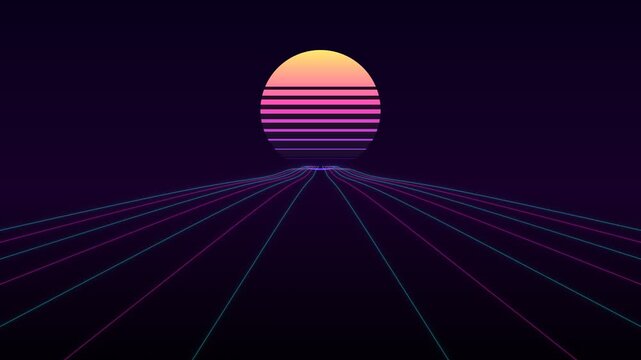 Synthwave retro sun with glowing neon perspective horizon lines