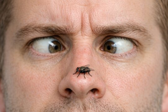 A person with a fly stuck on their nose