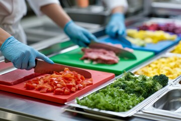 Obraz premium Cafeteria Worker Slicing Vegetables and Meat with Color-Coded Cutting Boards