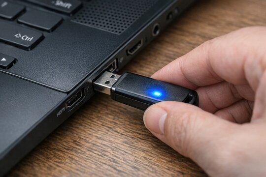 A person holds a USB drive in front of a laptop, great for tech or office scenes