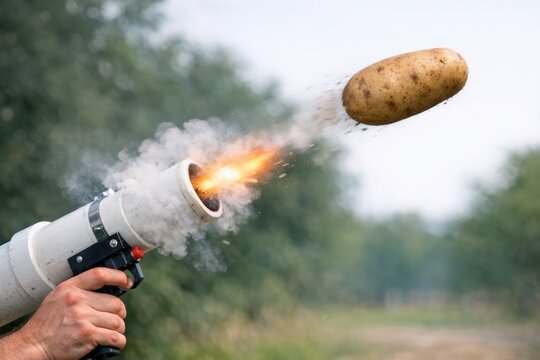 A single potato being fired through the air with a toy air gun, great for humor and creative use