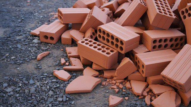 A pile of broken and damaged red bricks scattered on the ground