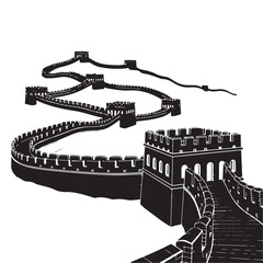 Great Wall of China black and white vector illustration with watchtowers and winding stone path for travel and heritage themes © Zulfa