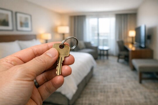 A guest holds the key in a hotel room, with a bed and luggage nearby