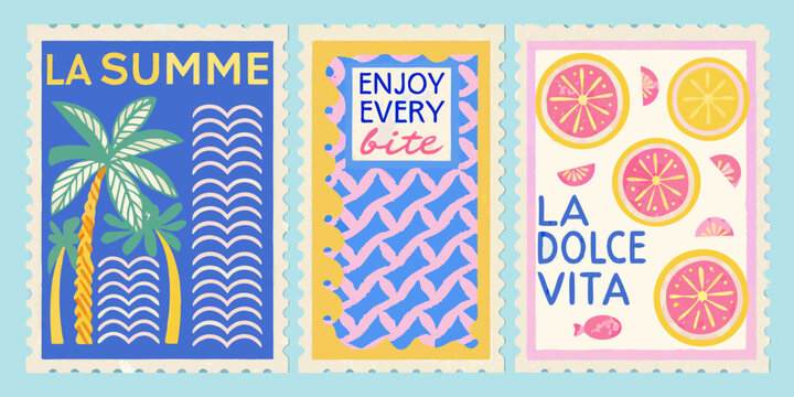 summer stamps with retro patterns palm trees