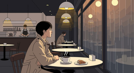Young man in cafe by window, looking out at rainy evening, coffee and pastry on table © Ulvi