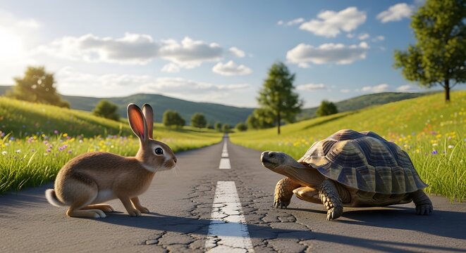 3D illustration of a tortoise and a hare facing each other on a sunny country road.