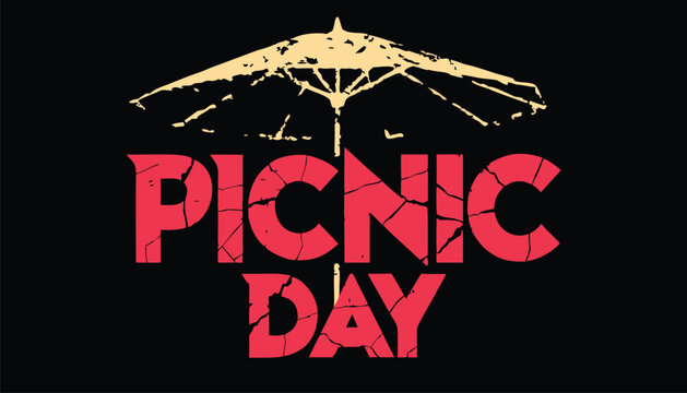 Red picnic day text design with a pale yellow parasol icon
