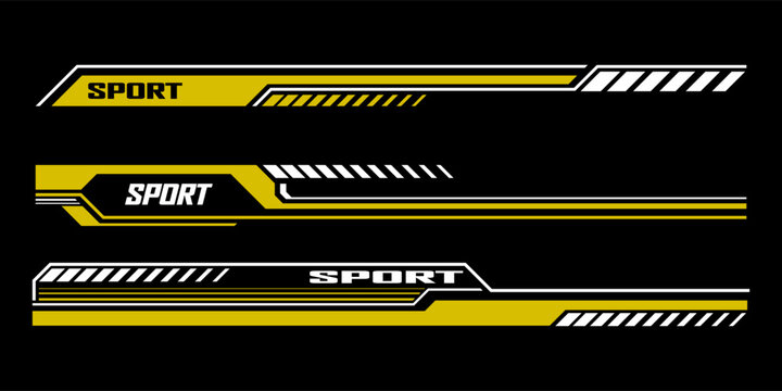 Racing sport car stickers and race line decals with checkered pattern, vector stripes. Auto art decals with car wheel, start or finish flag and red halftone racing pattern background for car stickers