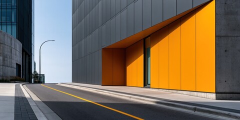 Fototapeta premium A striking architectural design featuring geometric shapes and a bold orange accent, showcasing contemporary urban aesthetics in a sleek urban environment.