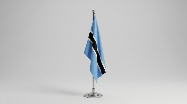 Flag of Botswana on a stand against a plain background.
