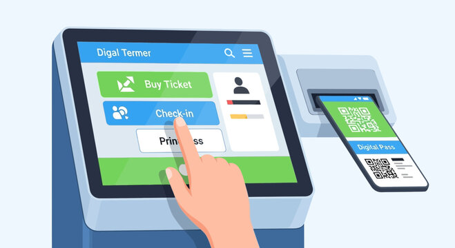 Digital check-in kiosk and mobile ticket on smartphone, modern technology for travel and ticketing