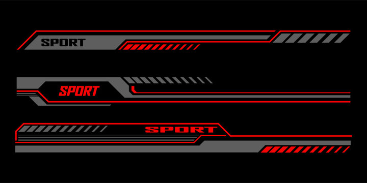Racing sport car stickers and race line decals with checkered pattern, vector stripes. Auto art decals with car wheel, start or finish flag and red halftone racing pattern background for car stickers