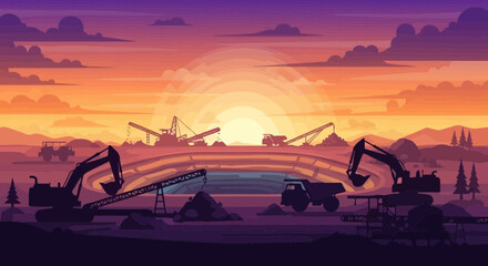 Pixel Art Mining Operation at Sunset: Excavators, Trucks, and Quarry Equipment © Ulvi