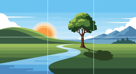 Peaceful Landscape with Winding River, Tree, and Sunrise Over Hills © Citra