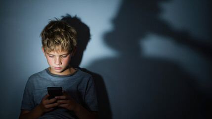 Fototapeta na wymiar a young boy looking at a glowing smartphone screen at night with a large judges gavel shadow looming on the wall behind him
