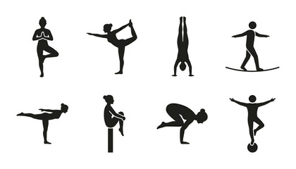 8 Yoga Poses Silhouette Icons, Flat, for Wellness and Fitness © pixostudio