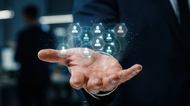 Human Network Visualization: A person in a suit holds out their hand, displaying a holographic network of human icons, representing connectivity and social connections in a modern business setting.