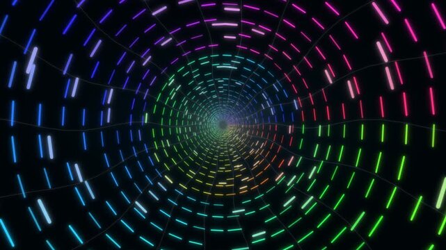 Multicolored neon light tunnel of glowing dashed lines