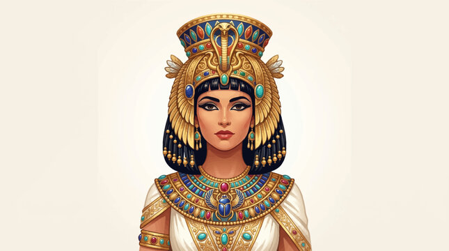 Ancient Egyptian Queen Portrait with Golden Crown and Luxury Ornaments Vector Illustration