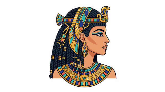Ancient Egyptian Queen Cleopatra Profile Illustration with Golden Jewelry and Ornate Headdress