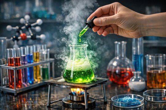 A person pours a green liquid into a flask, possibly an alchemical process