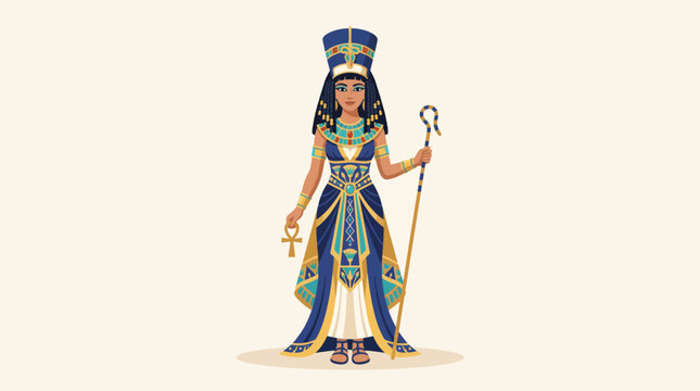 Ancient Egyptian Queen Cleopatra Vector Illustration in Standing Pose Wearing Traditional Regal Attire