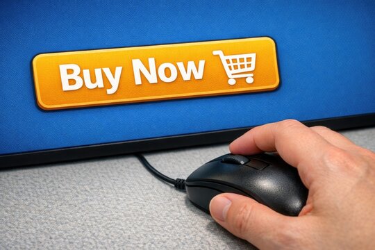 A person holds a computer mouse in front of a 'Buy Now' button, with a subtle hint at online shopping or e-commerce