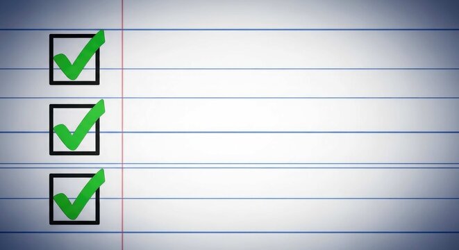 Checklist with three green checkmarks on lined paper
