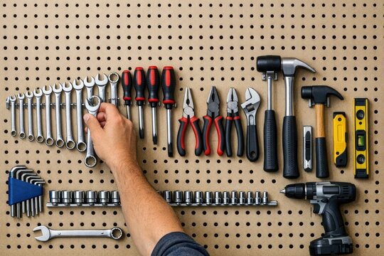 A person holding a wrench in front of a pegboard filled with various tools