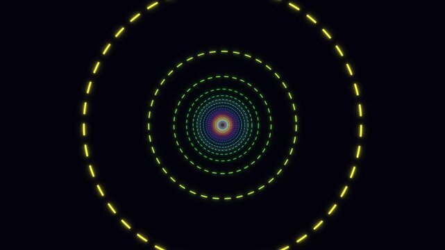 Neon dashed circle tunnel with multicolor glow on black background