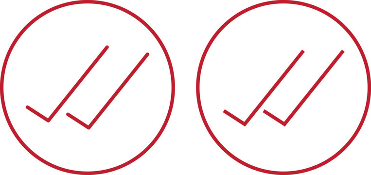 PrintDouble check icon set in circular outline. Message seen symbol. Two tick sign .Set of green and black check marks with single and double ticks in various circular and square shapes
