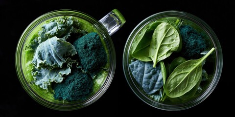 Obraz premium Two glass jars filled with vibrant nutrient-packed smoothies showcase healthy living, highlighting the importance of wellness and the refreshing benefits of greens in daily diets.