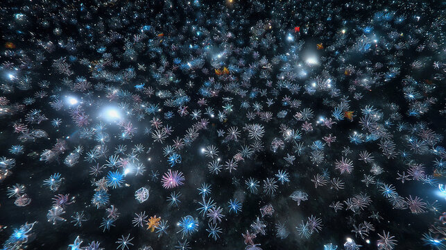 A constellation of dying starfish transforming into glowing marine snow particles in the deep ocean.
