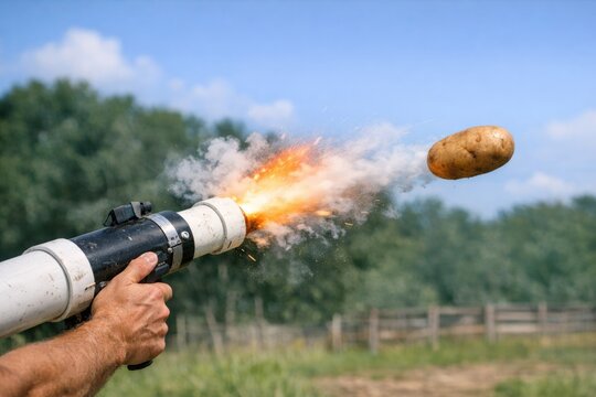 A person holding a firearm with a potato emerging from the barrel, a unusual and humorous situation