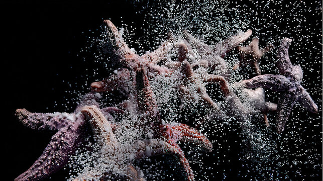 A constellation of dying starfish transforming into glowing marine snow particles in the deep ocean.
