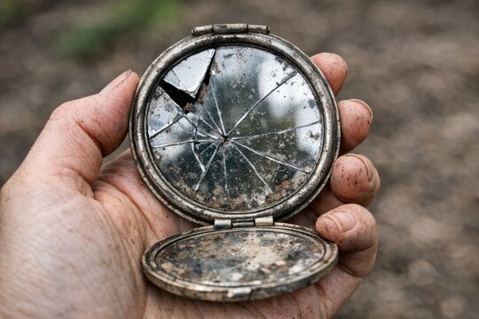 A person holds a broken pocket watch in their hand, symbolizing lost time or memories