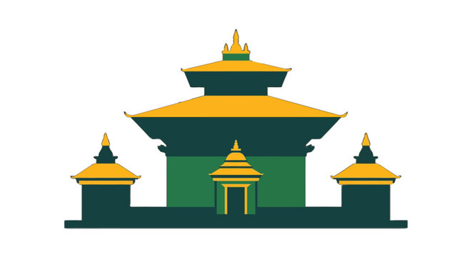 Colorful traditional Buddhist temple illustration with three pagodas.