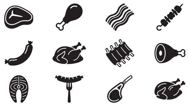 Meat and protein food icon set for restaurant menus, butcher shops, food delivery apps, and recipe platform design resources