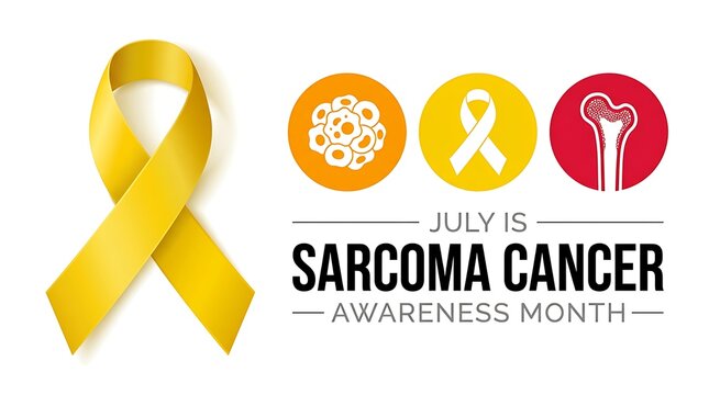 July is sarcoma cancer awareness month yellow ribbon symbol cell and bone icons support and hope for patient fighting disease for global health campaign.