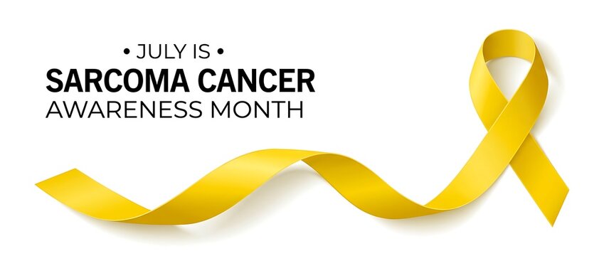 Yellow sarcoma cancer awareness ribbon flowing on white background with text july is sarcoma cancer awareness month symbolizing hope support unity fight against disease health.