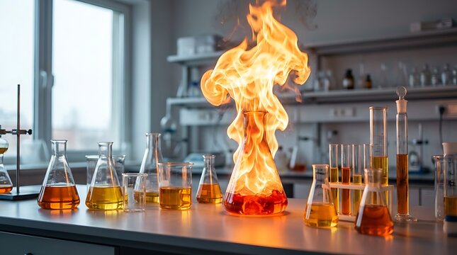 Chemistry laboratory with glassware and liquids on a table with bright orange flames erupting from flask indicating exothermic reaction experiment safety.