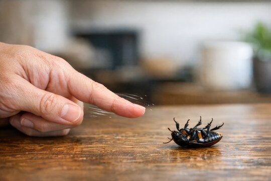 A hand points at a dead cockroach on a table, highlighting the unwanted pest