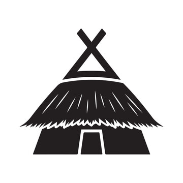 Traditional hut vector icon with thatched roof and wooden frame for tribal architecture and cultural heritage design