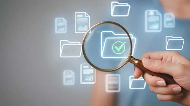 Hand holding magnifying glass over folder with checkmark icon among digital file documents