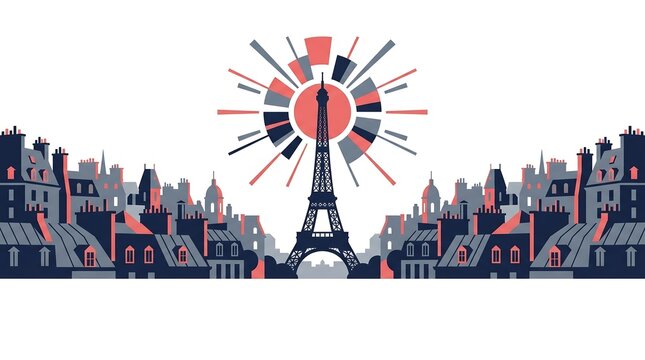 Stylized illustration of the iconic Eiffel Tower amidst a classic Parisian cityscape, topped with a dynamic sunburst design symbolizing the city's vibrant energy and timeless charm
