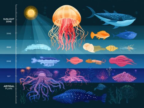 Educational infographic displaying ocean zones from the sunny surface to the abyssal depths, featuring unique creatures thriving at each level.