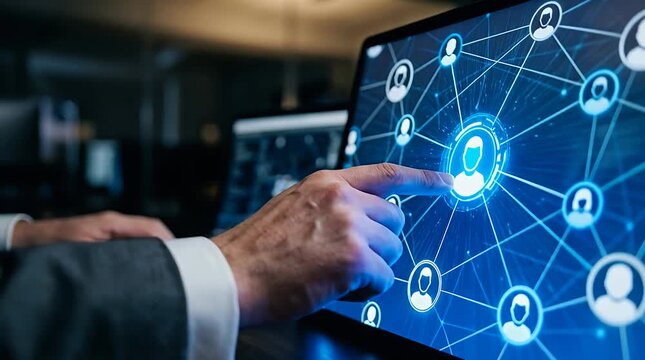 Businessman touching digital network interface with connected user icons and glowing nodes